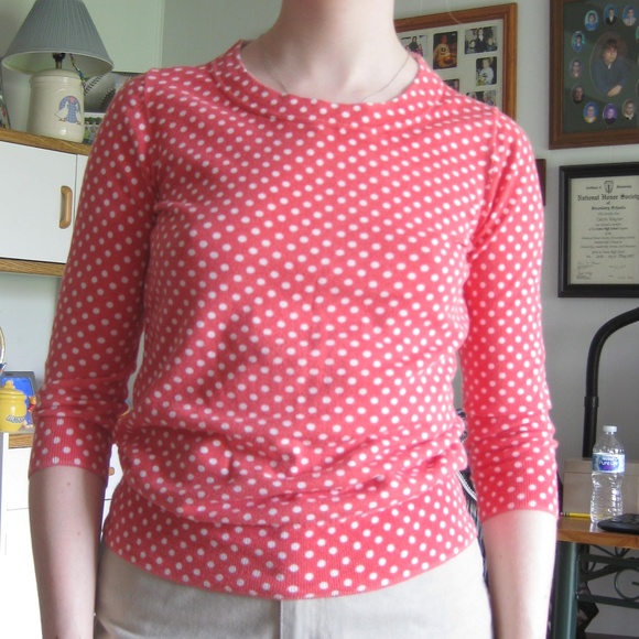 J. Crew Tops - J. Crew 3/4 sleeve pink top with white polka dots